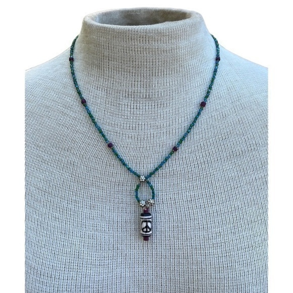 Handmade Bead Peace Sign Necklace Multi Color Purple Blue Green Boho